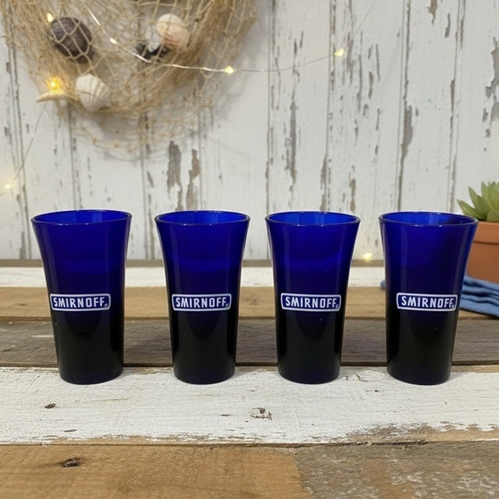 Smirnoff Vintage Cobalt Blue Flared 4 Shot Glasses 2 oz Tall Shooter